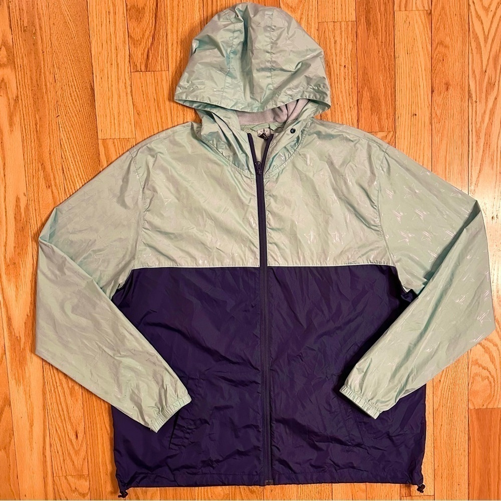 Jeffree Star Aqua & Blue Windbreaker Jacket Metallic Stars Hood Full Zip XXXL